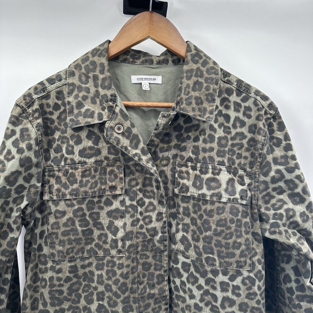 Good American Jacket Womens Medium‎ Green Utility Leopard Pockets Snap Boxy - Picture 2 of 11